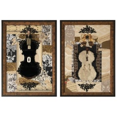 Coppia di collage a tecnica mista in nero, crema e oro intitolati "Sposa e Sposo".