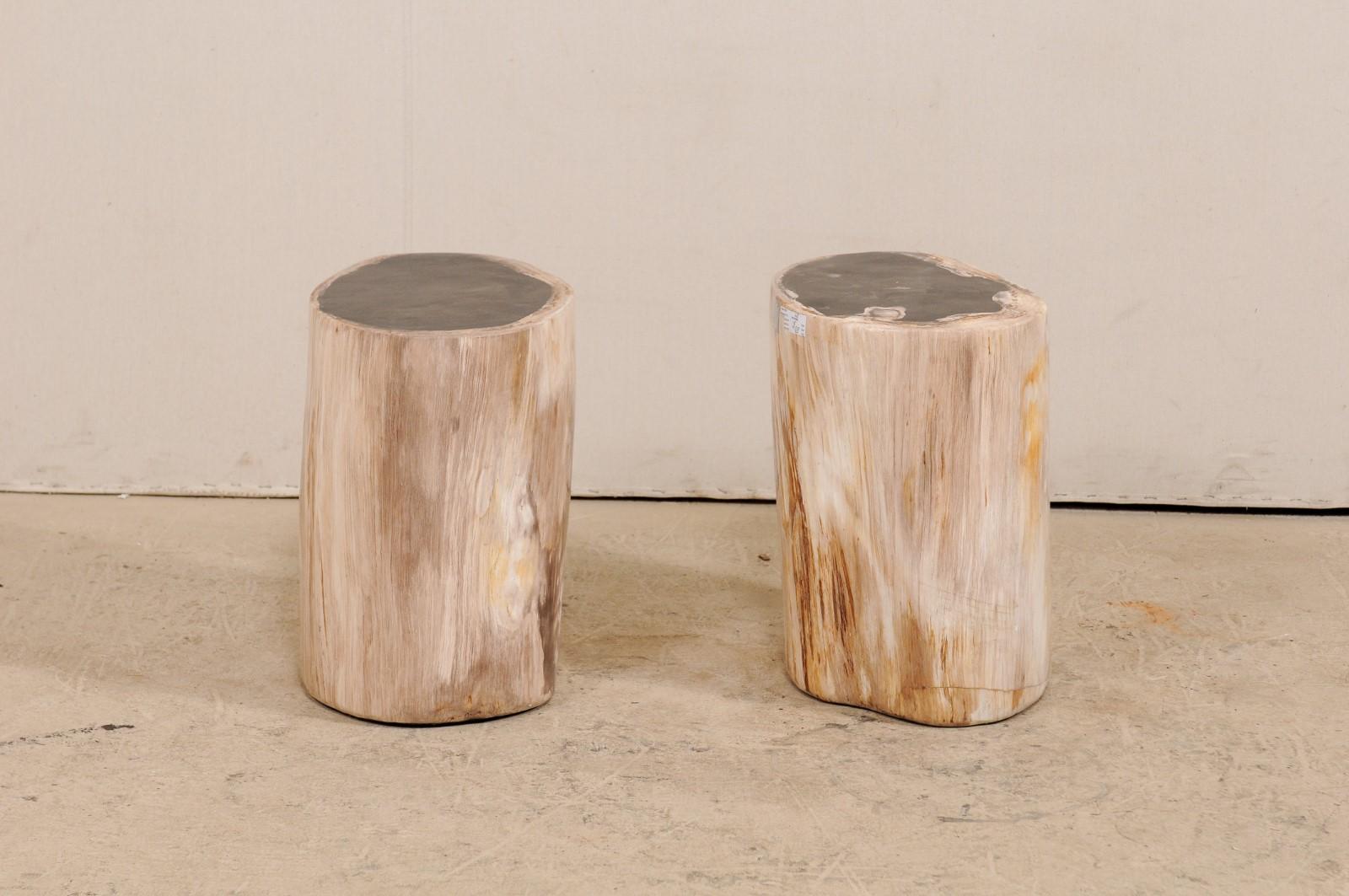 Pair of Black, Cream and Tan Petrified Wood Side Tables In Good Condition In Atlanta, GA