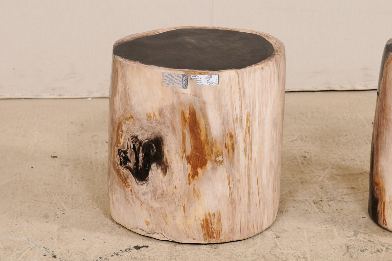 Pair of Black, Cream and Tan Petrified Wood Side Tables 1