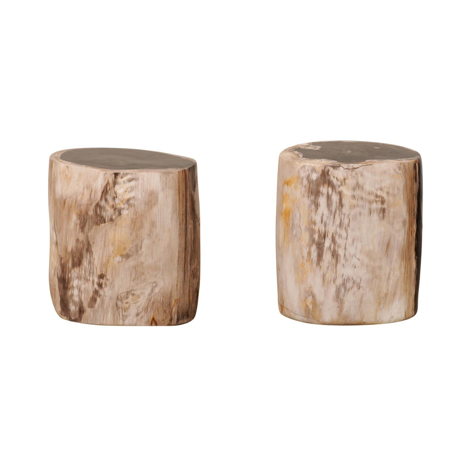 Pair of Black, Cream and Tan Petrified Wood Side Tables