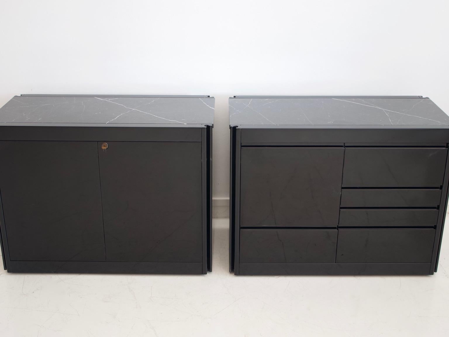 Mid-Century Modern Pair of Black Credenzas with Marble Top by Angelo Mangiarotti