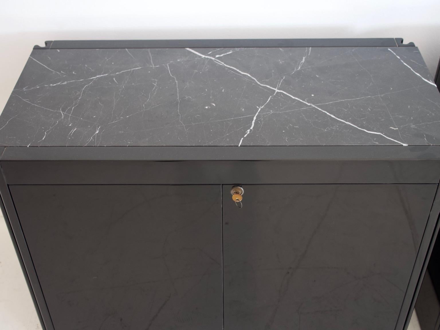 Lacquered Pair of Black Credenzas with Marble Top by Angelo Mangiarotti