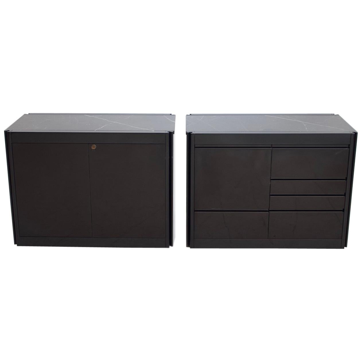 Pair of Black Credenzas with Marble Top by Angelo Mangiarotti