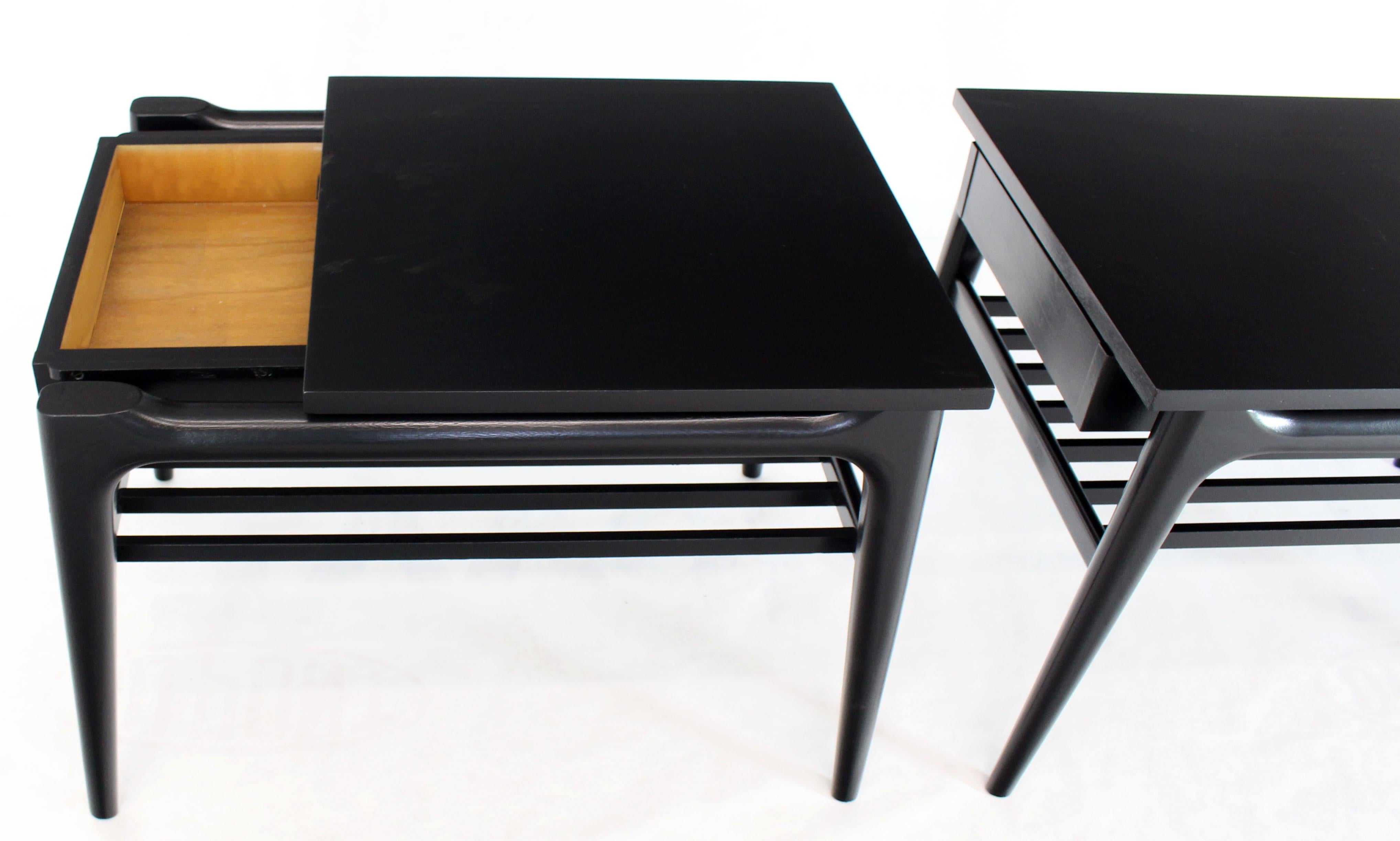 Pair of Black Ebonised One Drawer End Nightstands with Magazine Rack Sculptural For Sale 3