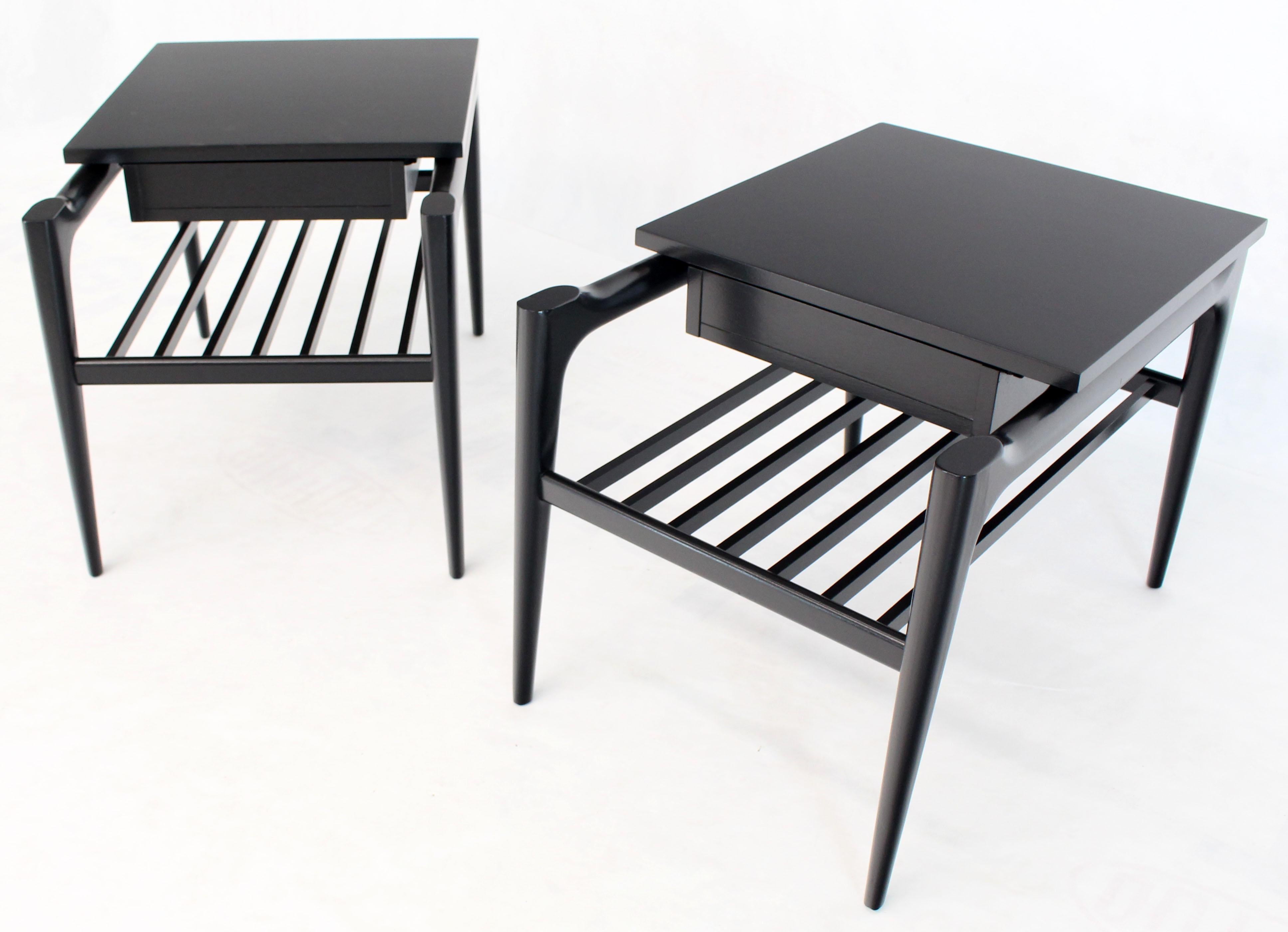 Blackened Pair of Black Ebonised One Drawer End Nightstands with Magazine Rack Sculptural For Sale