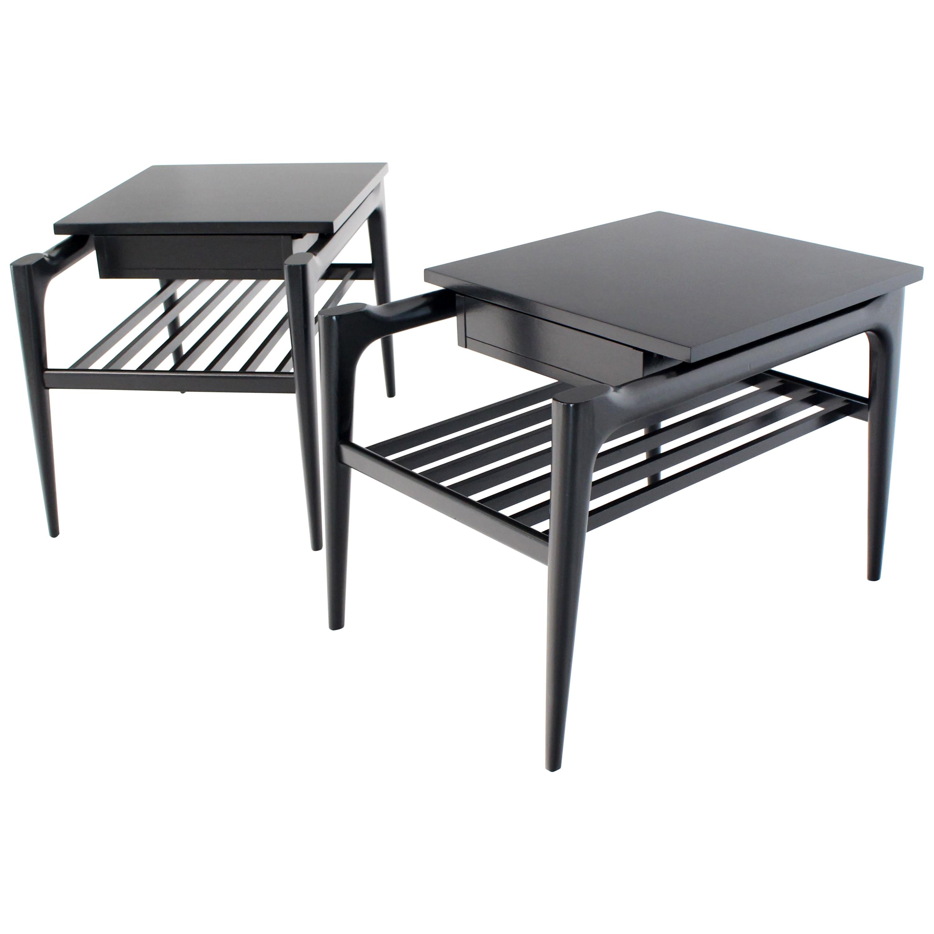 Pair of Black Ebonised One Drawer End Nightstands with Magazine Rack Sculptural