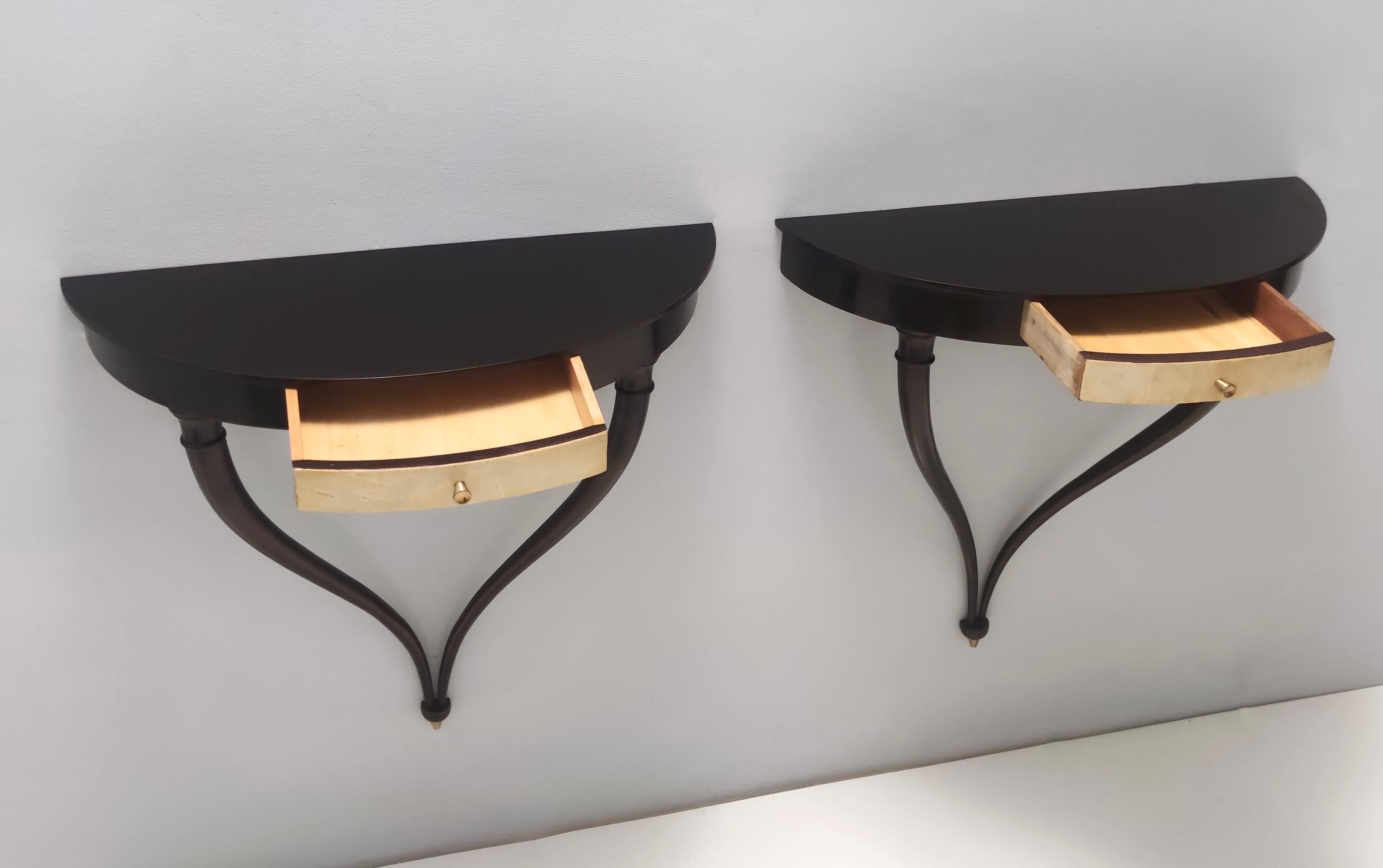 Mid-20th Century Pair of Black Ebonized Wood Wall-Mounted Consoles by Guglielmo Ulrich, Italy