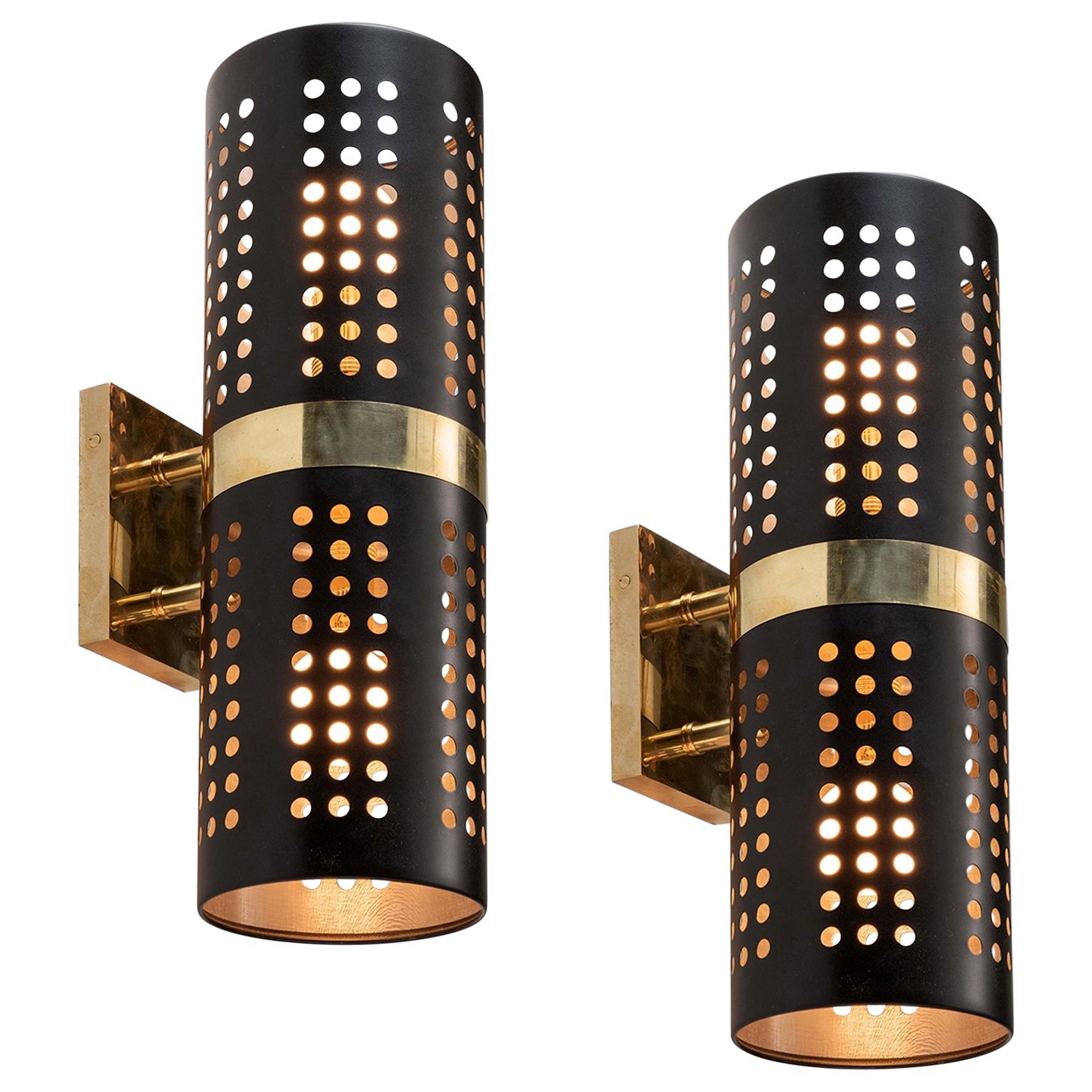 Pair of Black Enamel and Brass Sconces