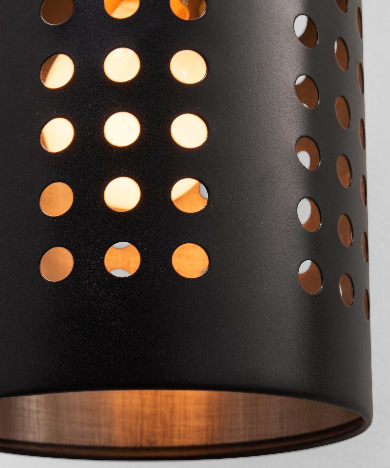 Perforated shades in satin black enamel finish, with brass fittings.


Measures: 4.75” W x 6.5” D x 17” H.
 