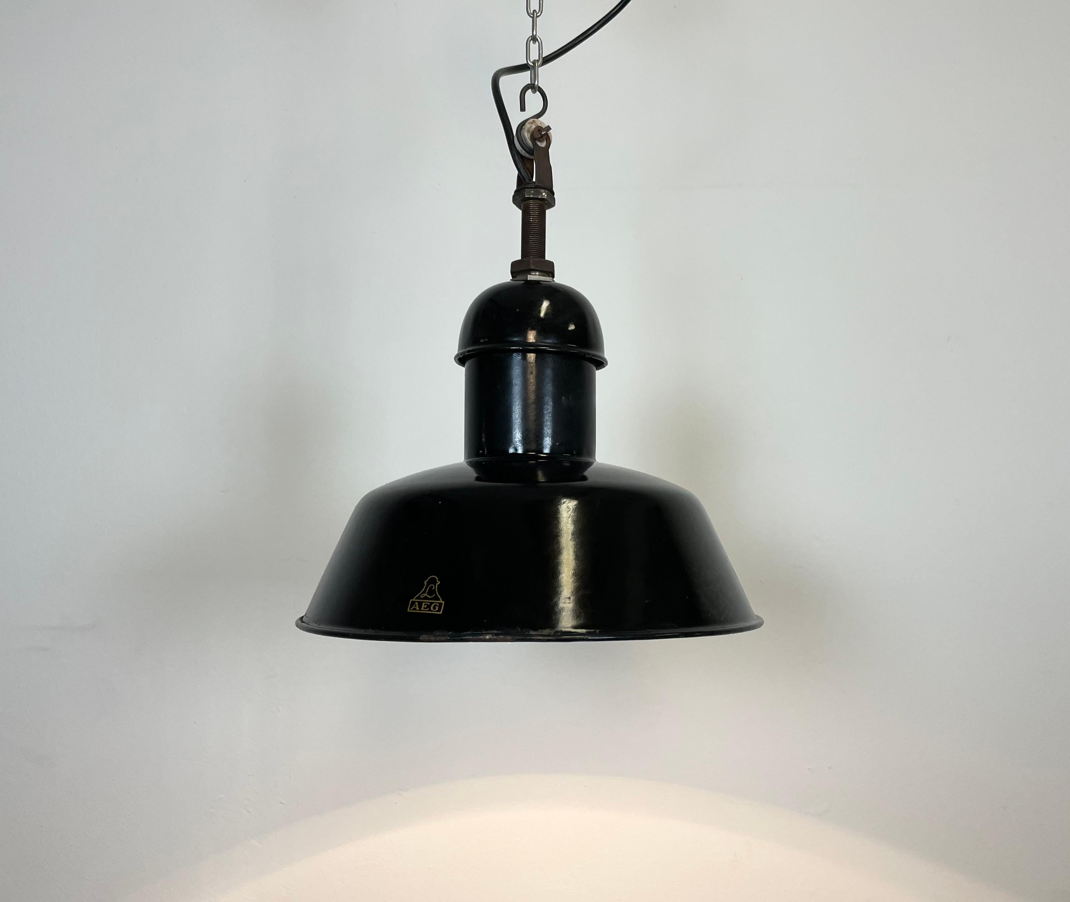 Pair of Black Enamel Industrial Pendant Lamps from AEG, 1930s 7