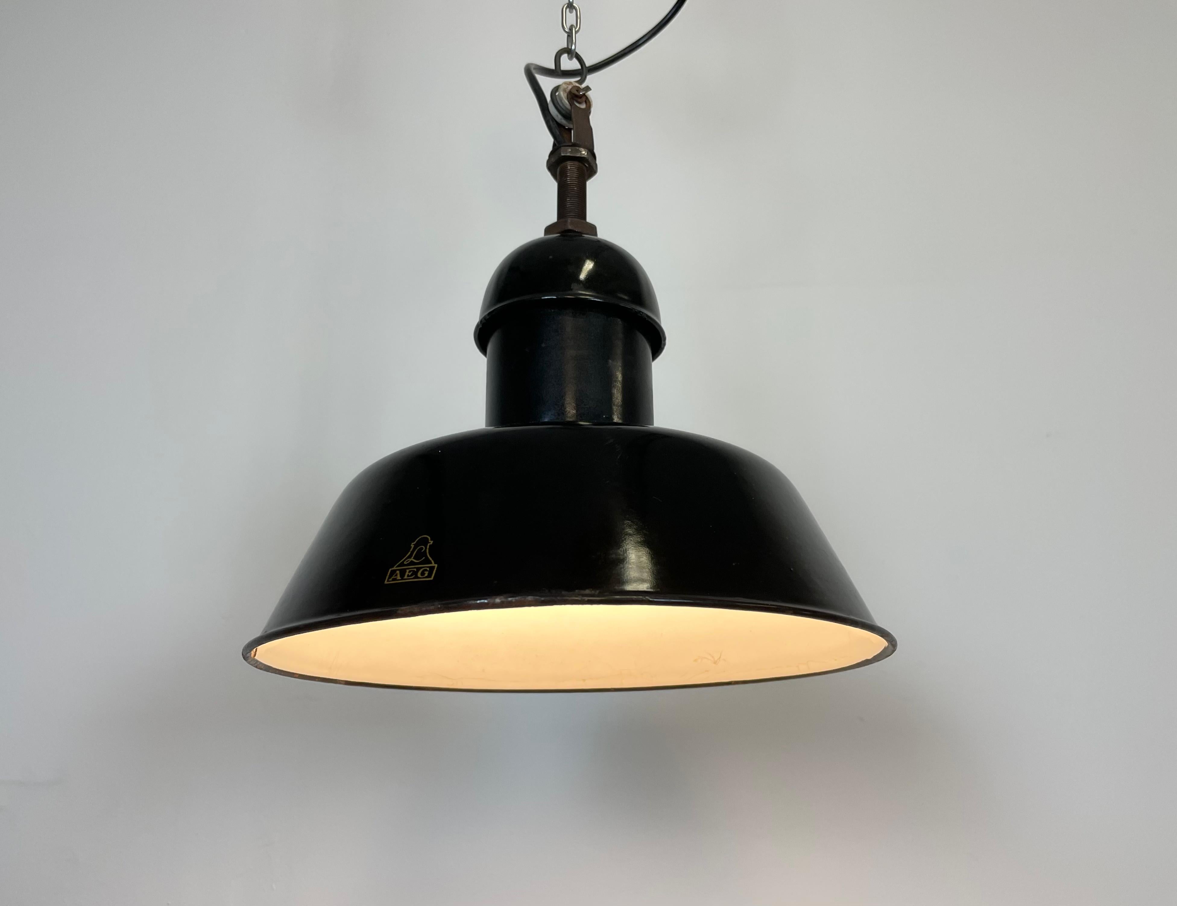 Pair of Black Enamel Industrial Pendant Lamps from AEG, 1930s 9