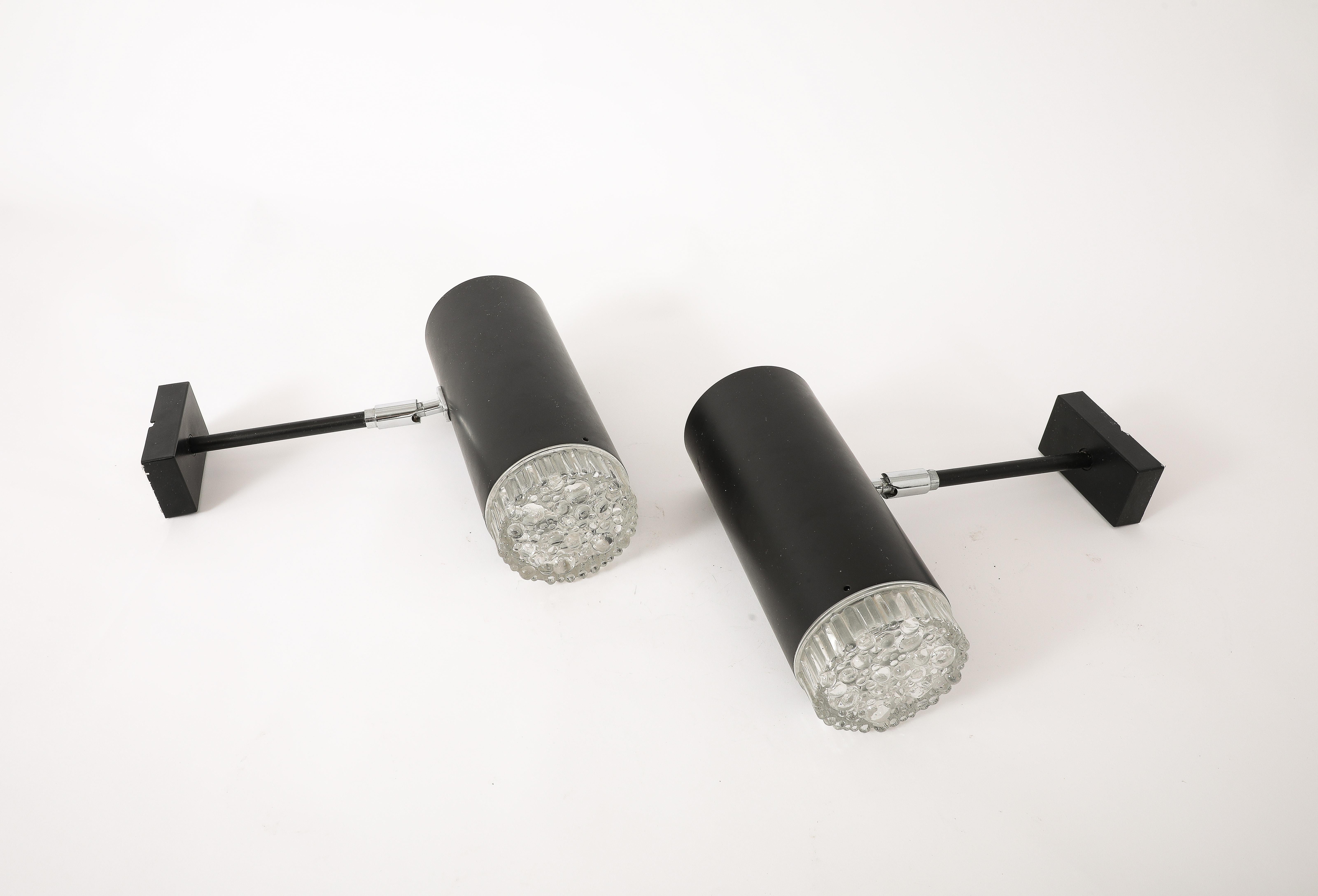French Pair of Black Enameled Aluminum and Glass Sonces by Lita, France 1960's For Sale