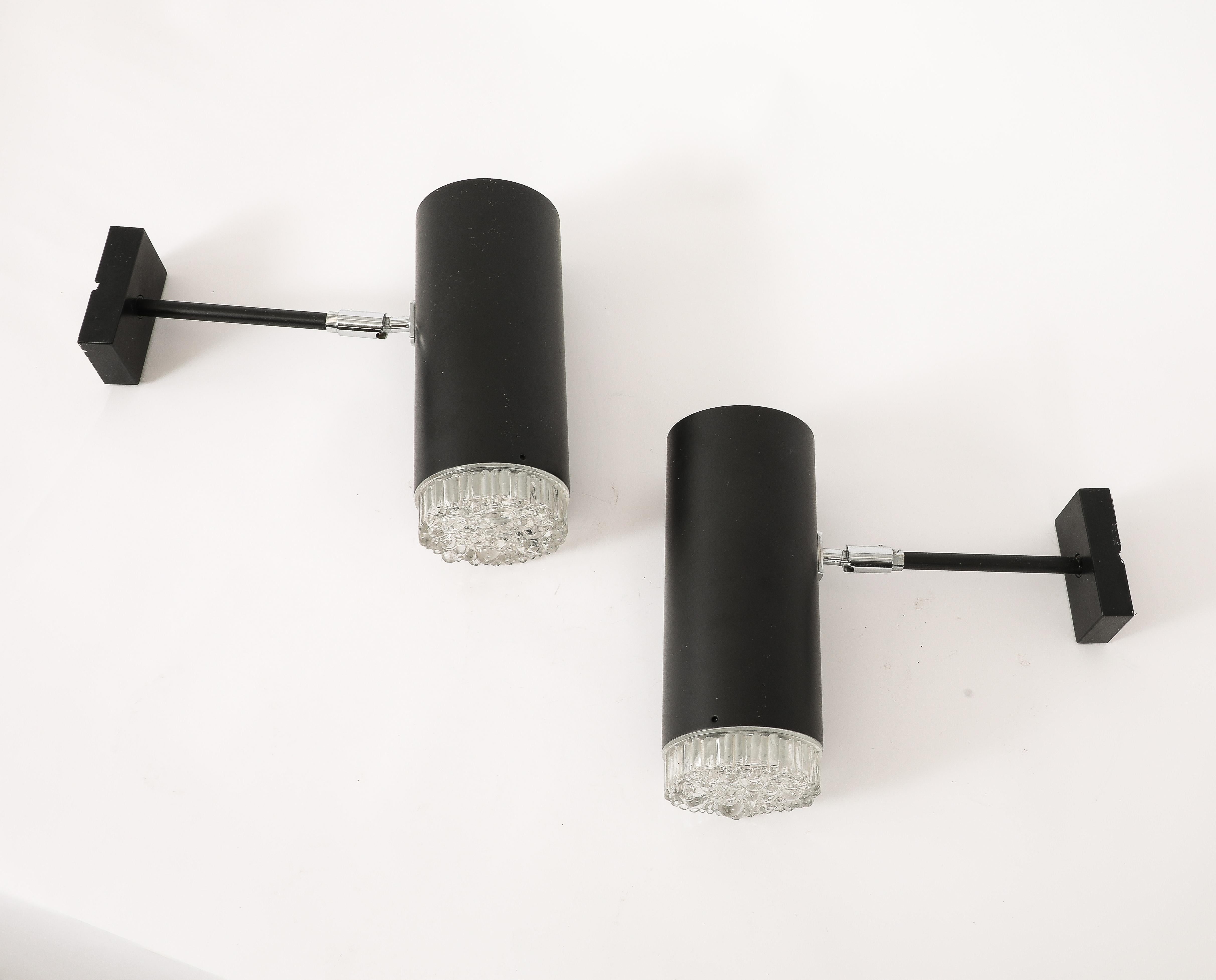 Pair of Black Enameled Aluminum and Glass Sonces by Lita, France 1960's In Good Condition For Sale In New York, NY