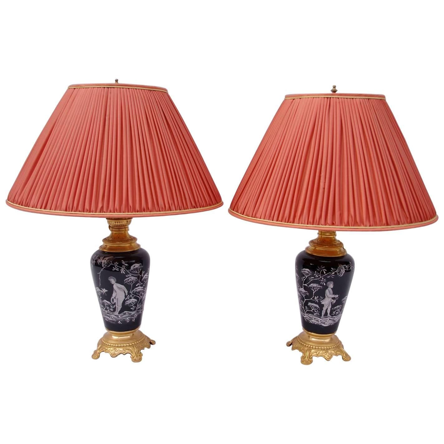 Pair of Mary Gregory style black Enameled Opaline Lamps , 19th Century For Sale
