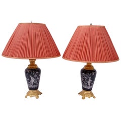 Antique Pair of Mary Gregory style black Enameled Opaline Lamps , 19th Century
