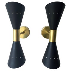 Pair of Black Enameled w/ White Interior Steel w/ Brass Hardware 2 Cone Sconces