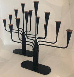 Pair of Black Enameled with Bronze Accents Seven Arm Ystad Metall Candelabras