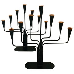 Retro Pair of Black Enameled with Bronze Accents Seven Arm Ystad Metall Candelabras