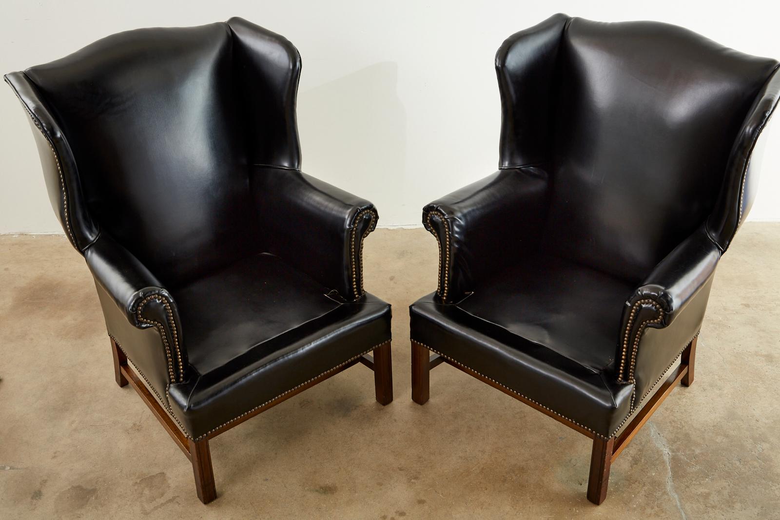 Pair of Black English Georgian Style Mahogany Wingbacks 1