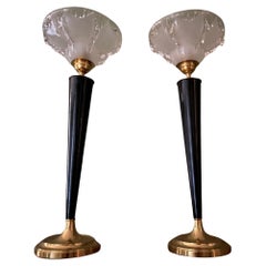 Pair of Black EZAN Art Deco Table Lamps with Crystal Cups, France 1930s