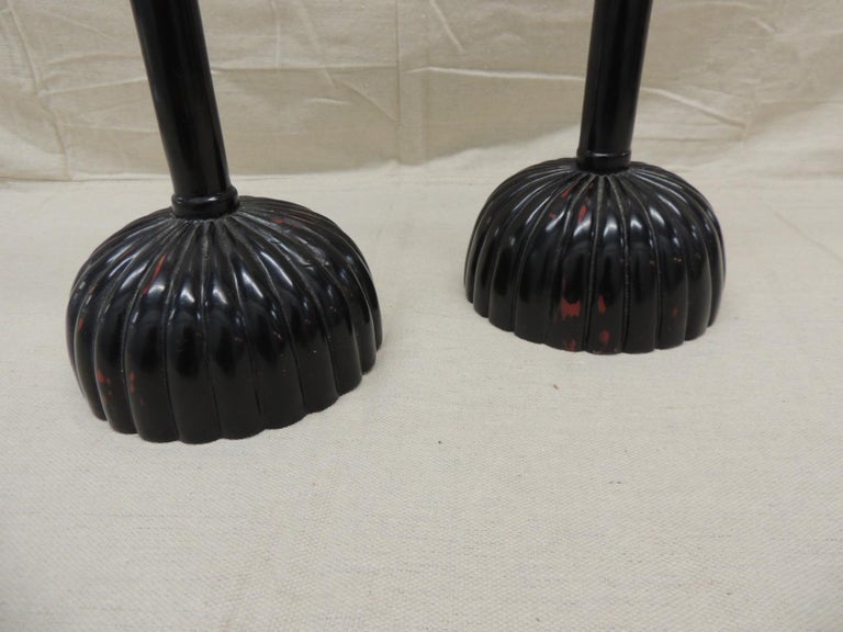 Bohemian Pair of Black Faux-Lacquer Asian Candlesticks For Sale