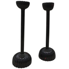 Pair of Black Faux-Lacquer Asian Candlesticks