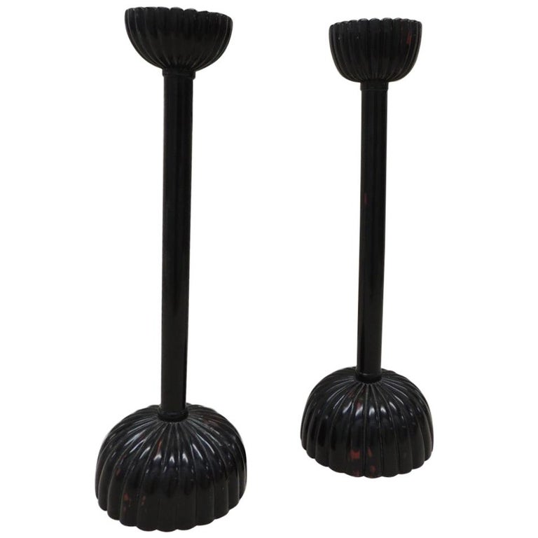 Pair of Black Faux-Lacquer Asian Candlesticks For Sale