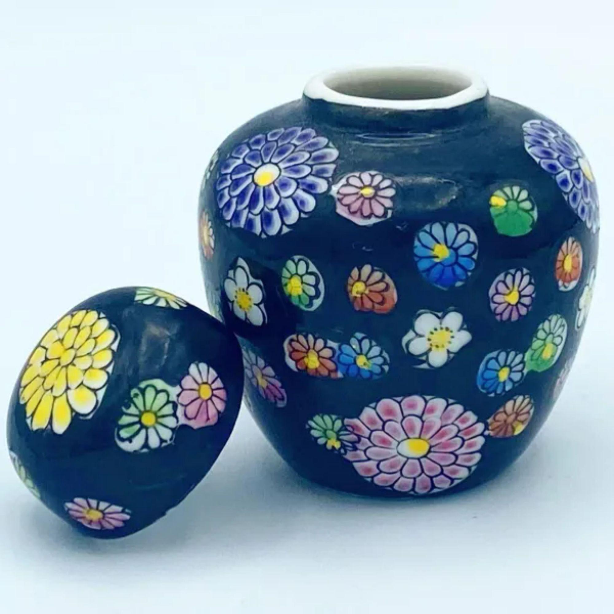 Chinoiserie Pair of Black Floral Mini Porcelain Ginger Jars