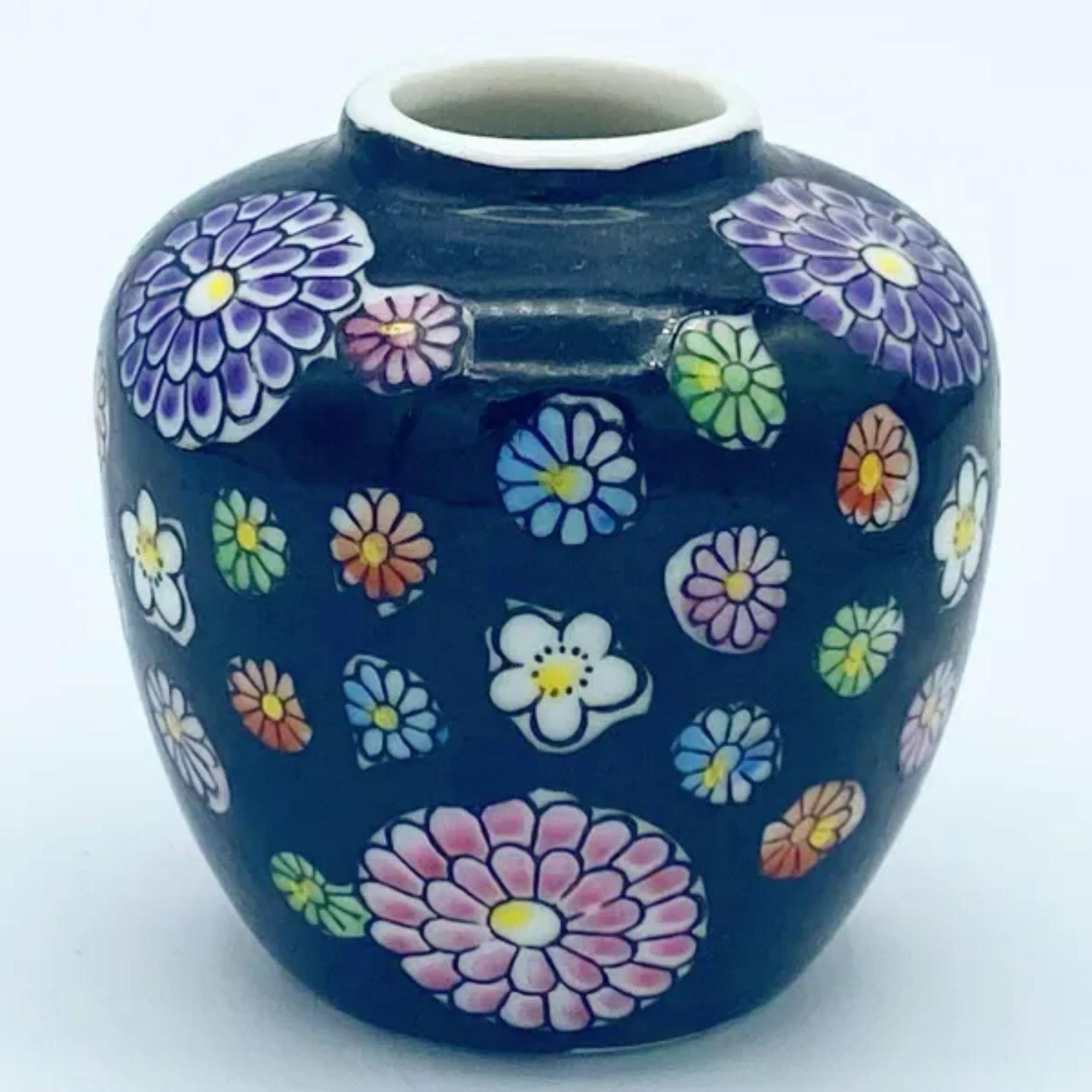 Japanese Pair of Black Floral Mini Porcelain Ginger Jars