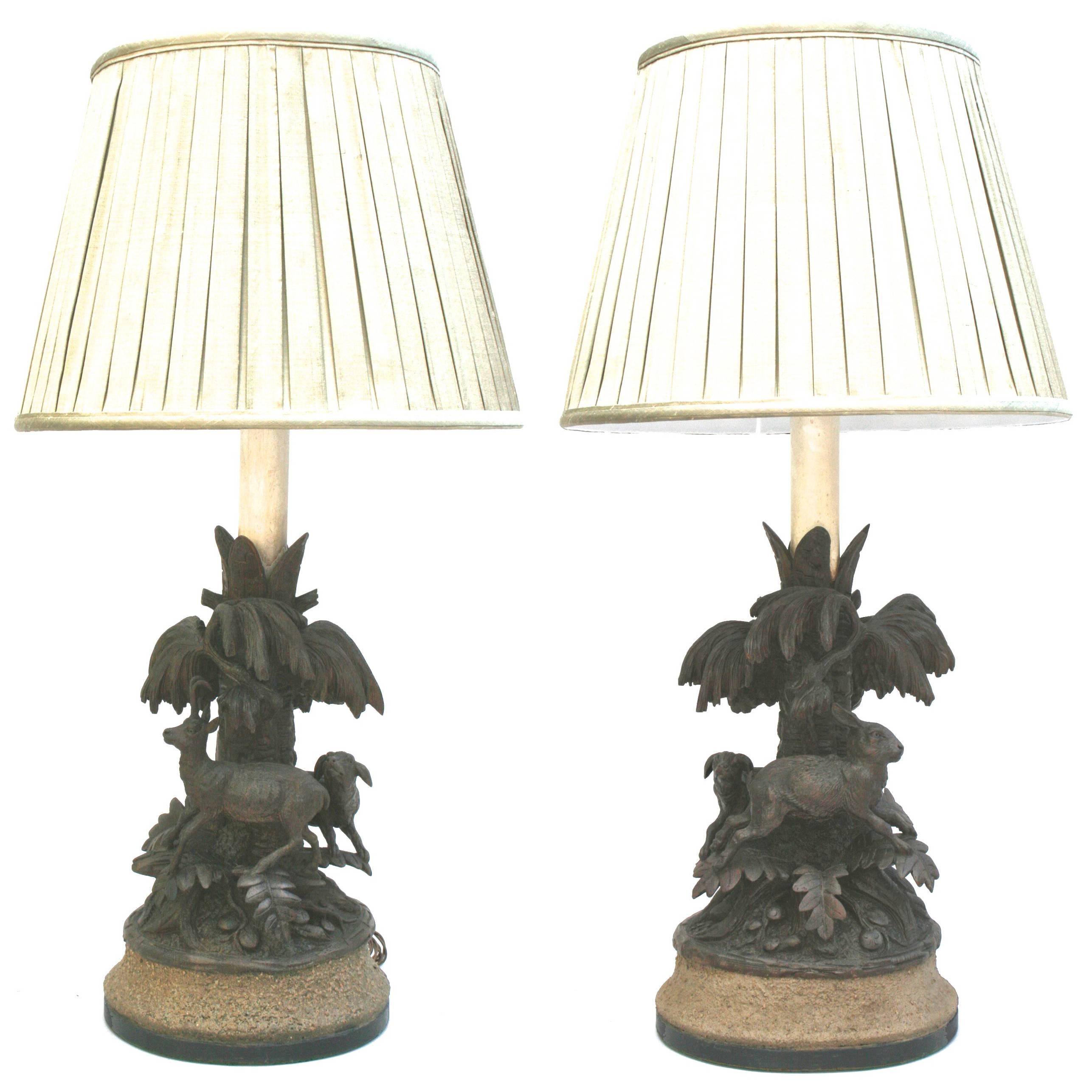 German Pair of Black Forest Animalier Lamps, c1880