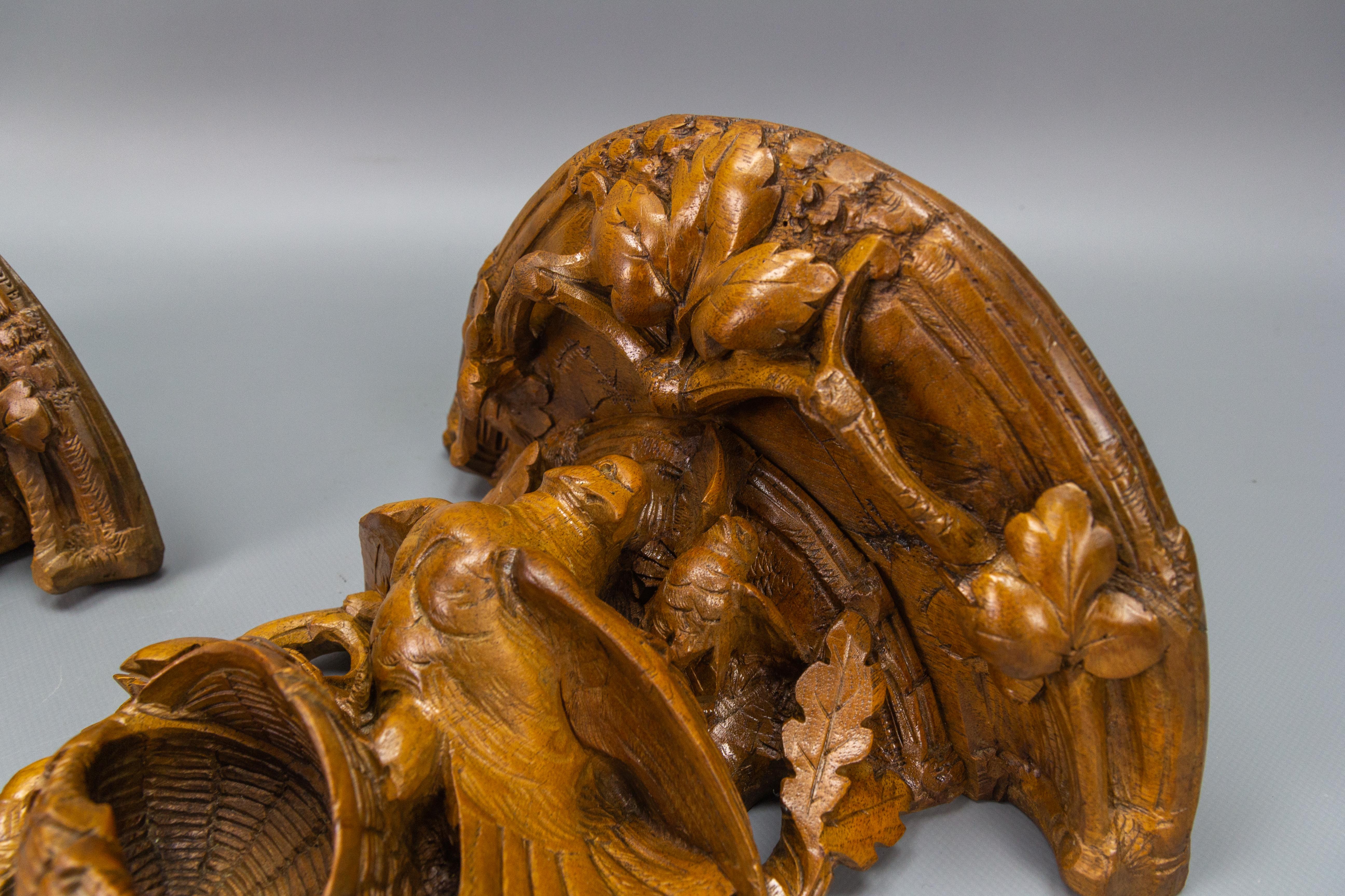 Pair of Black Forest Carved Walnut Bird Nest Wall-Mounted Consoles, ca. 1920 For Sale 6