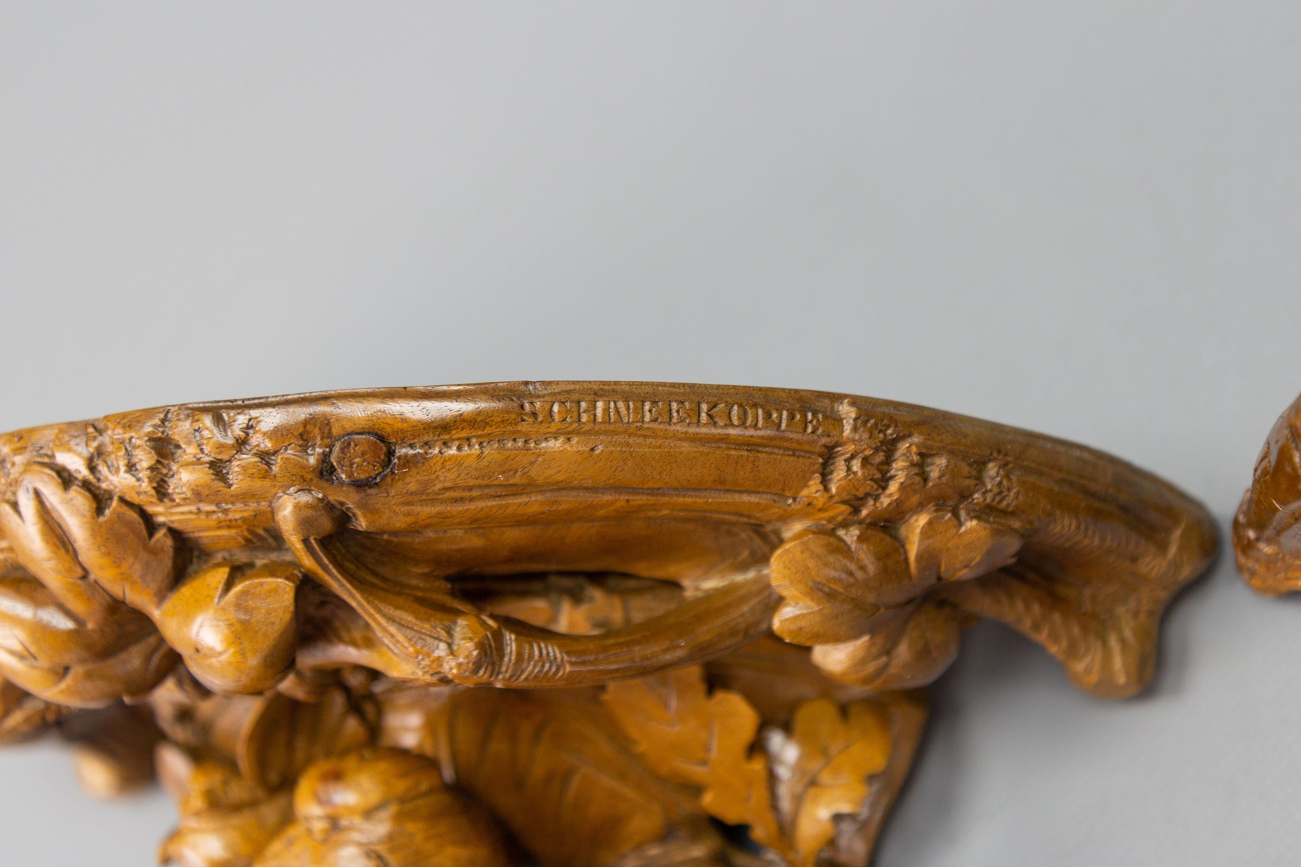 Pair of Black Forest Carved Walnut Bird Nest Wall-Mounted Consoles, ca. 1920 For Sale 8