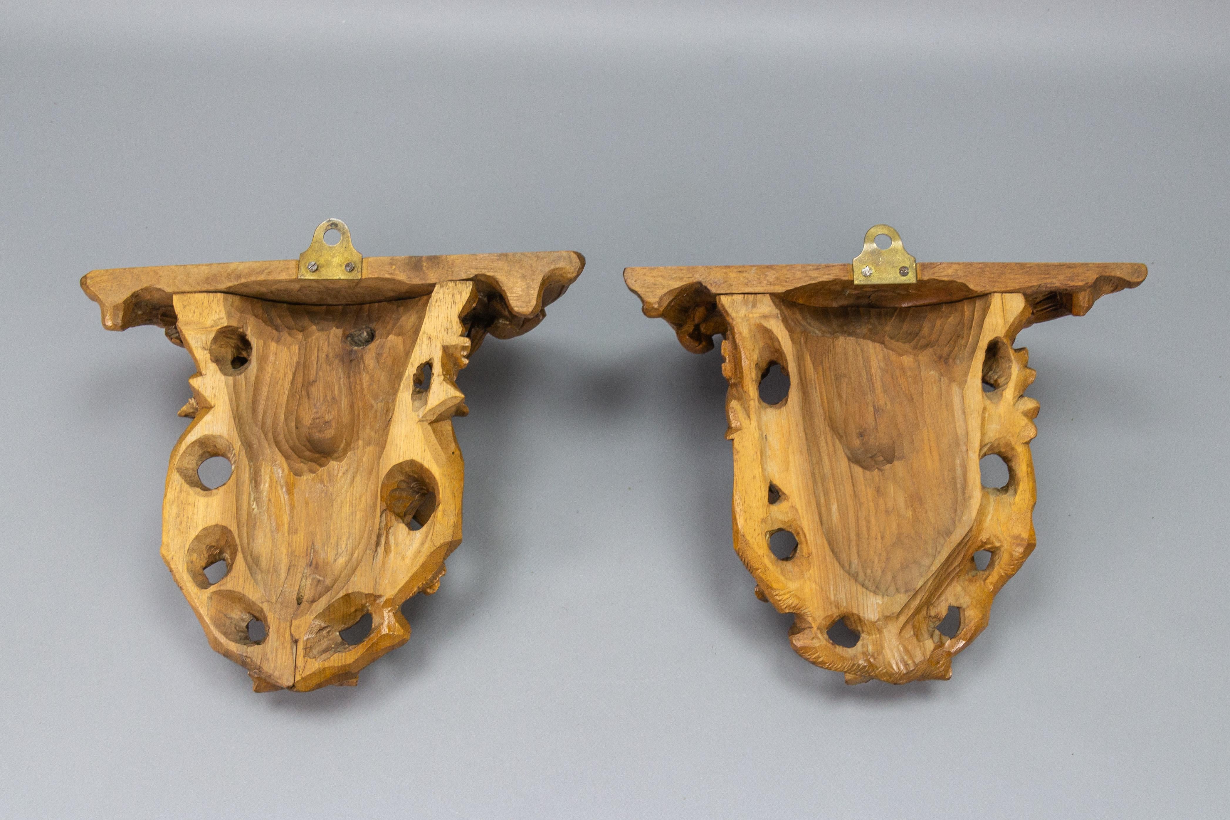 Pair of Black Forest Carved Walnut Bird Nest Wall-Mounted Consoles, ca. 1920 For Sale 12
