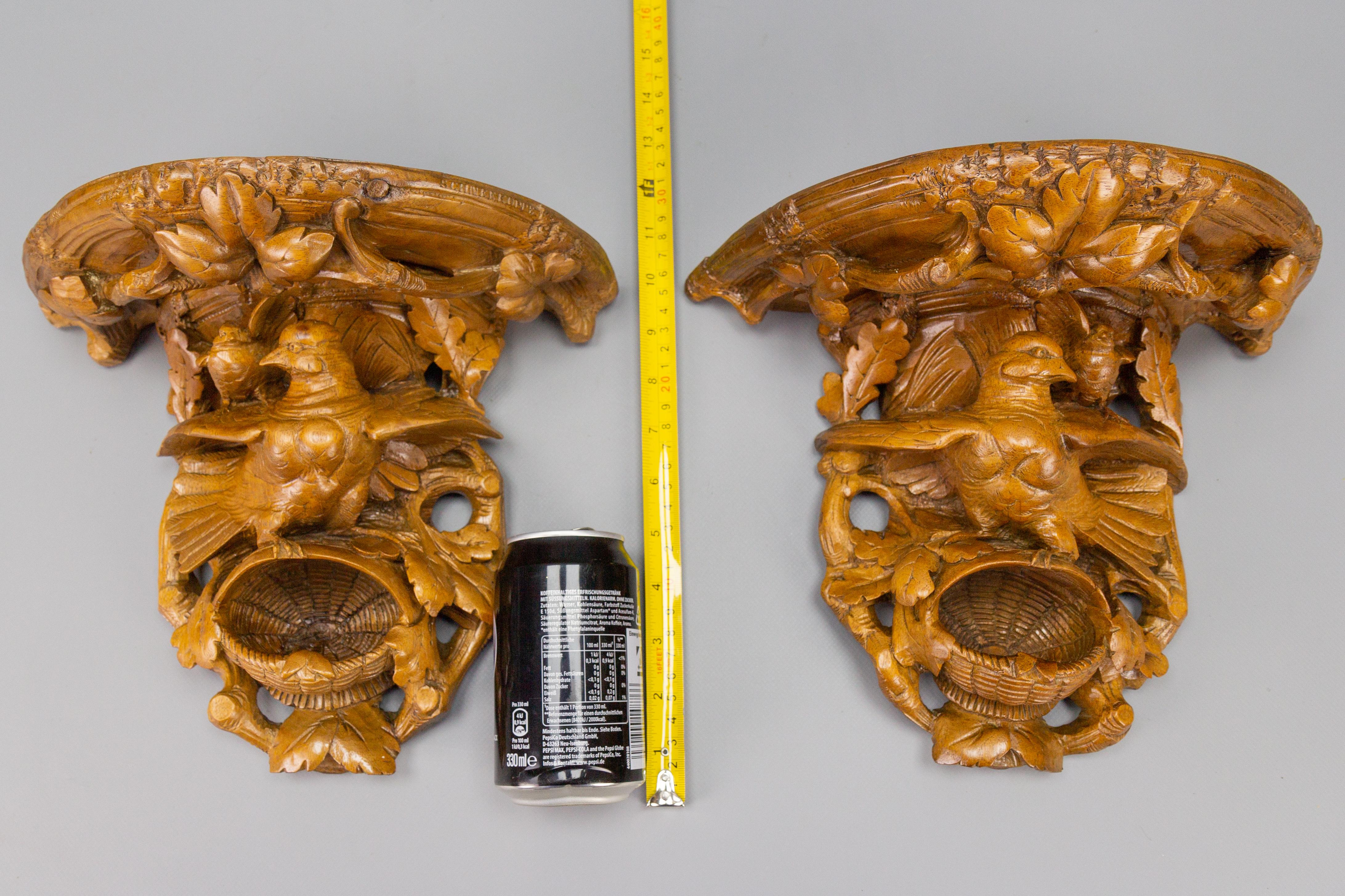 Pair of Black Forest Carved Walnut Bird Nest Wall-Mounted Consoles, ca. 1920 For Sale 15