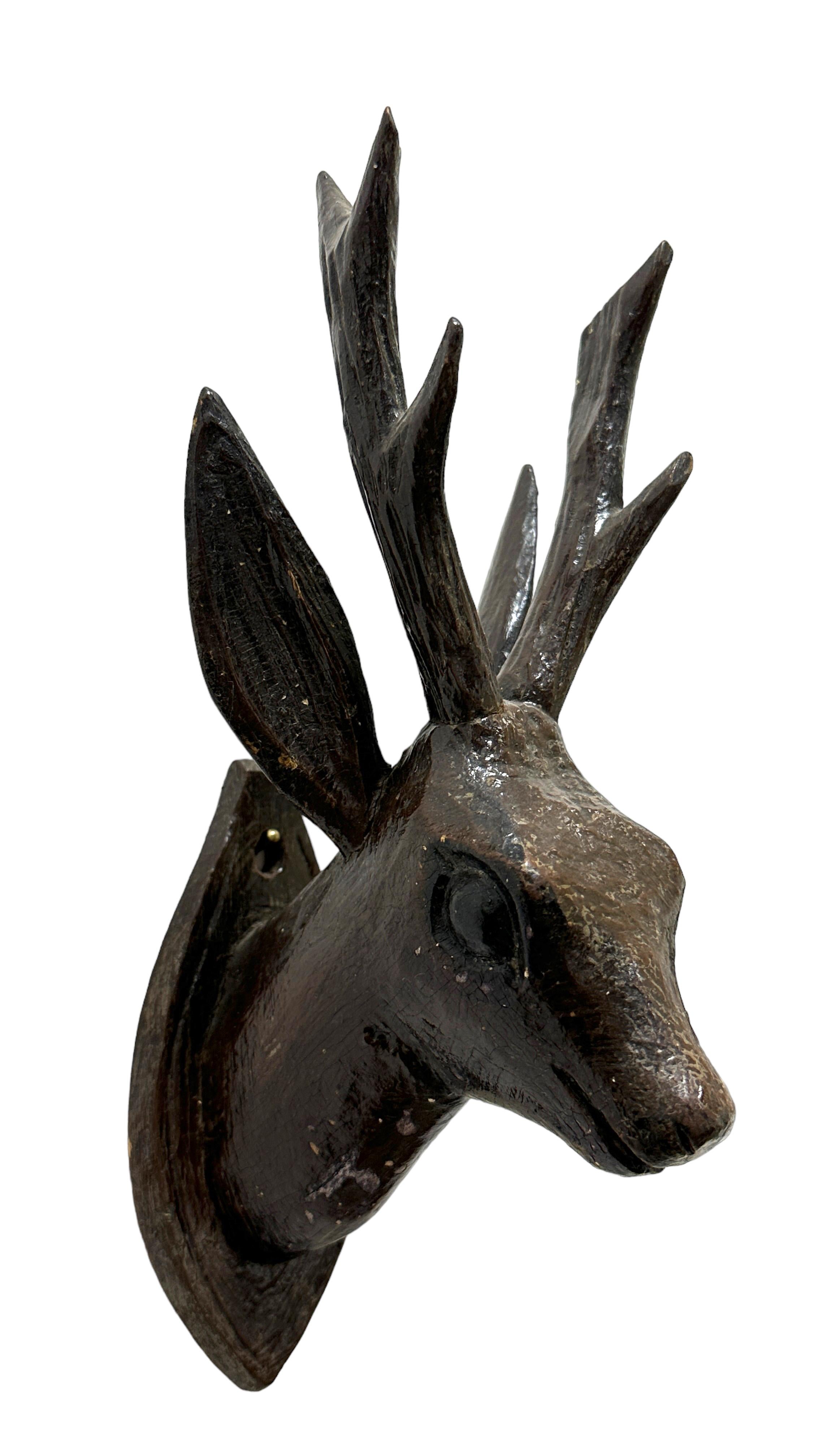 Hand-Carved Pair of Black Forest Folk Art Carved Wood Deer Head, 19th Century, Germany