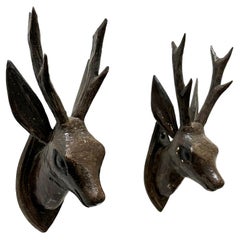 Pair of Black Forest Folk Art Carved Wood Deer Head, 19th Century, Germany