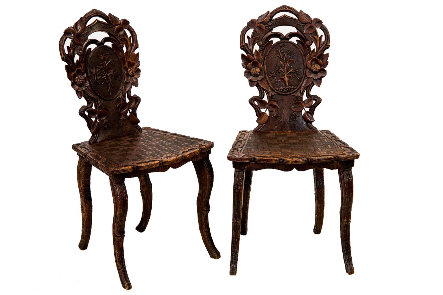 German Pair of Black Forest Hall Chairs