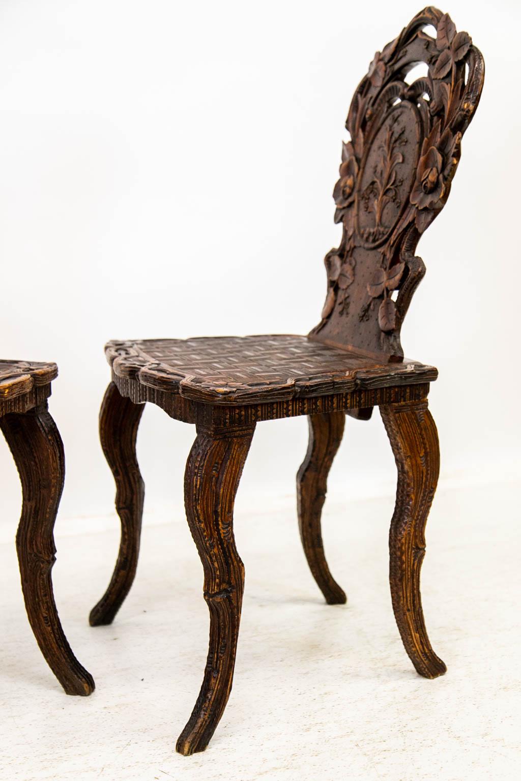 Fruitwood Pair of Black Forest Hall Chairs For Sale