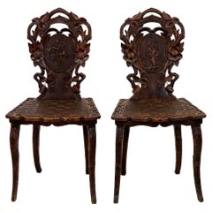 Antique Pair of Black Forest Hall Chairs