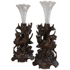 Pair of Black Forest Style Hand-Carved French Flower Vases with Hand-Cut Crystal Pair of Black Forest Style Hand-Carved French Flower Vases with Hand-Cut Crystal