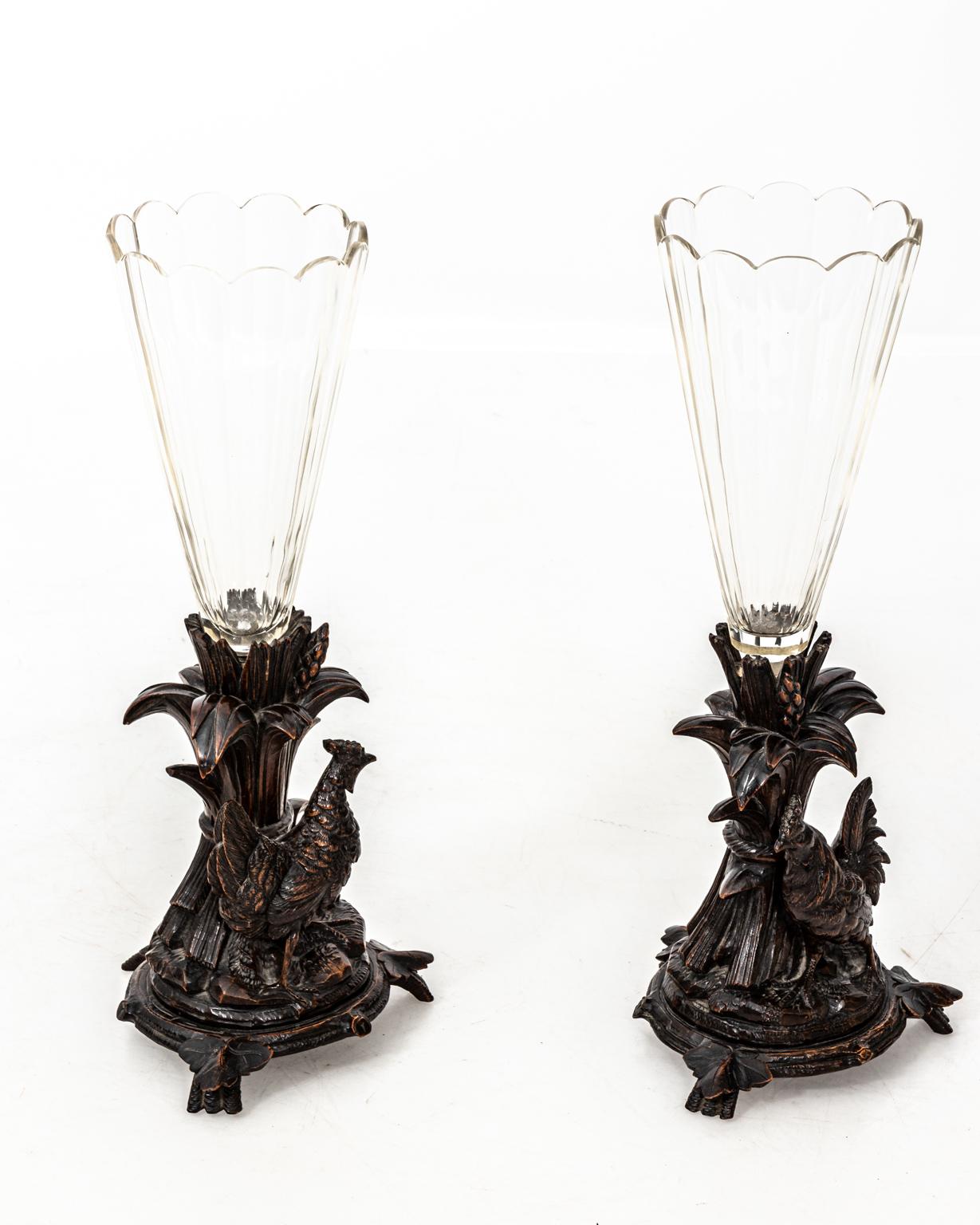 Early 20th Century Pair of Black Forrest Style Crystal and Wood Flower Vases For Sale