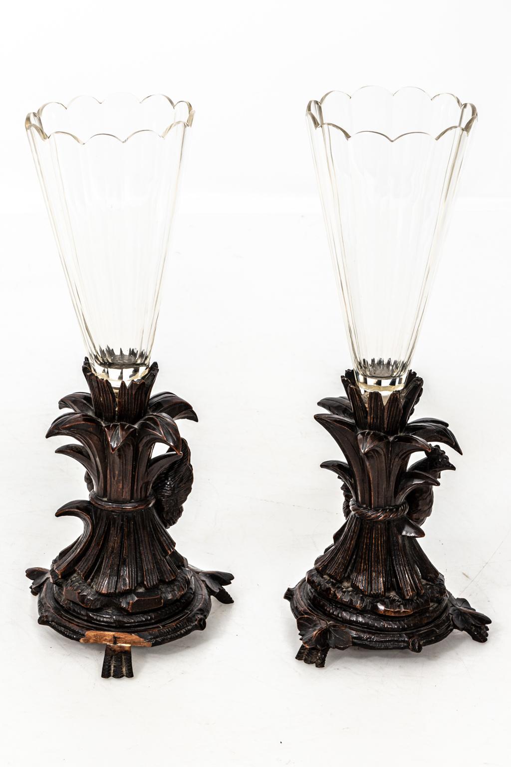 Pair of Black Forrest Style Crystal and Wood Flower Vases For Sale 1