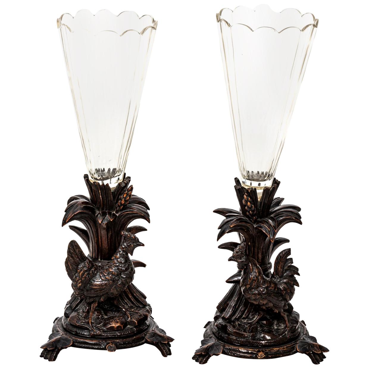 Pair of Black Forrest Style Crystal and Wood Flower Vases