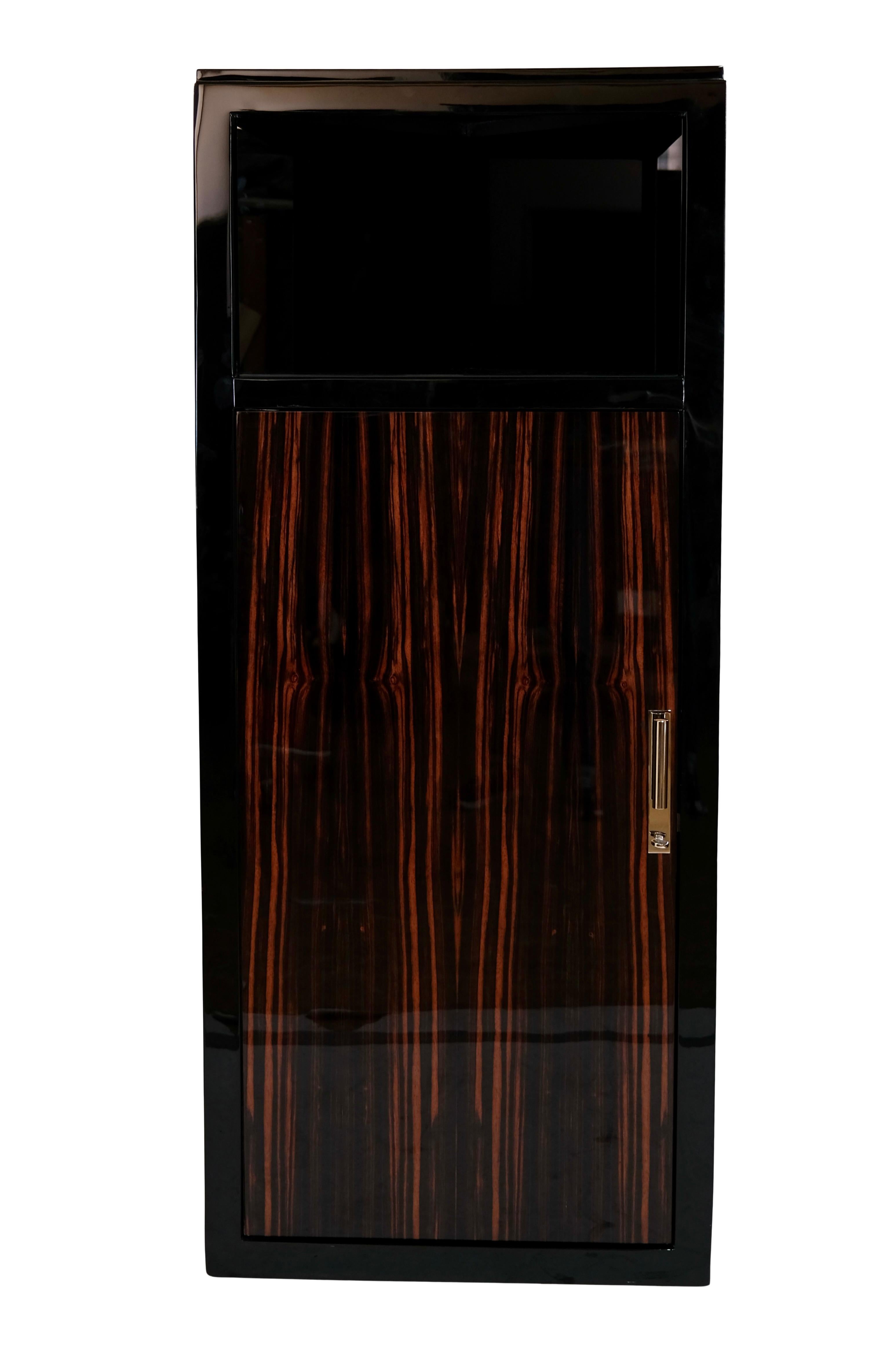 Blackened Pair of Black French Art Deco Corner Cupboards with Macassar Veneer High Gloss