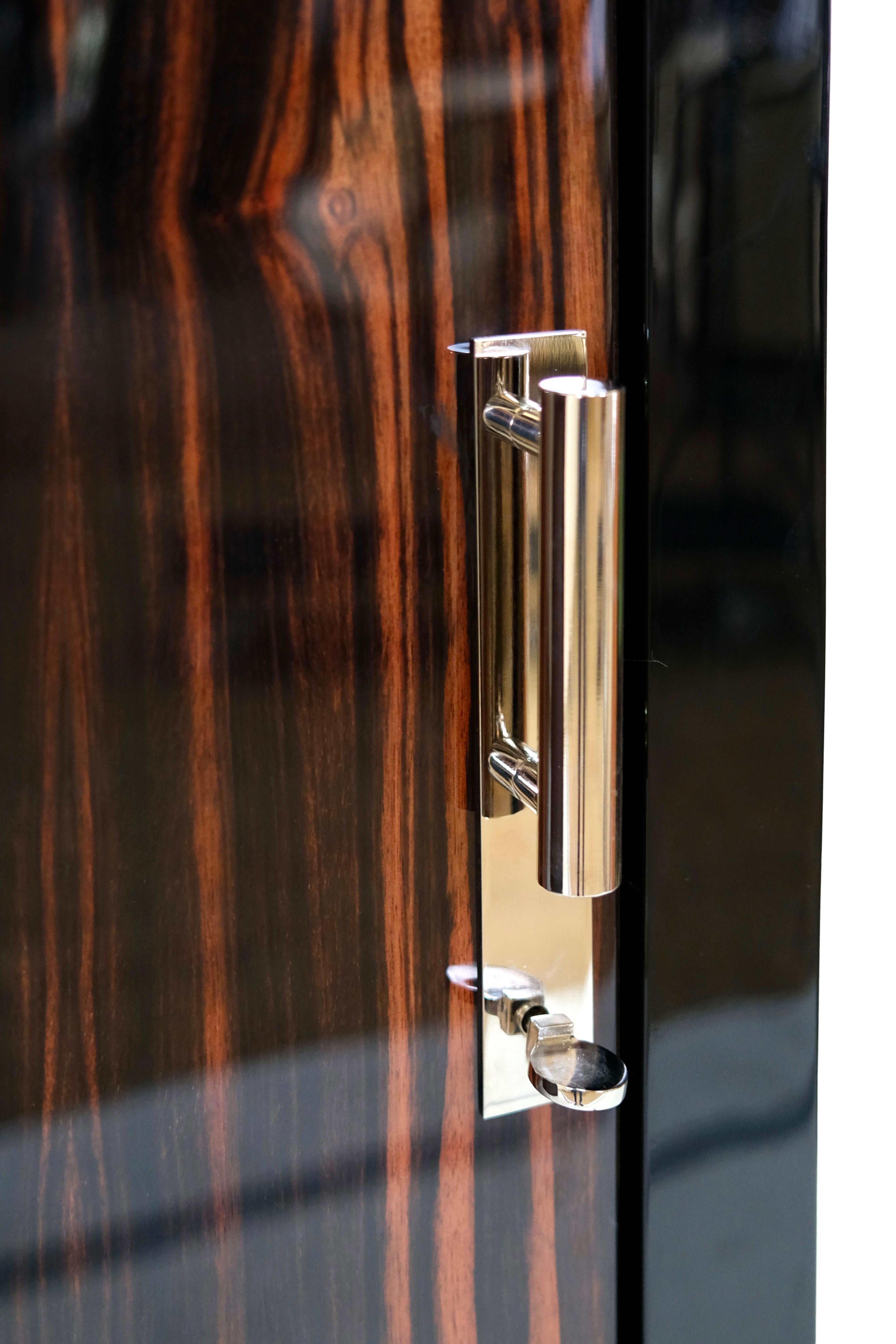 Mid-20th Century Pair of Black French Art Deco Corner Cupboards with Macassar Veneer High Gloss