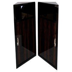 Pair of Black French Art Deco Corner Cupboards with Macassar Veneer High Gloss