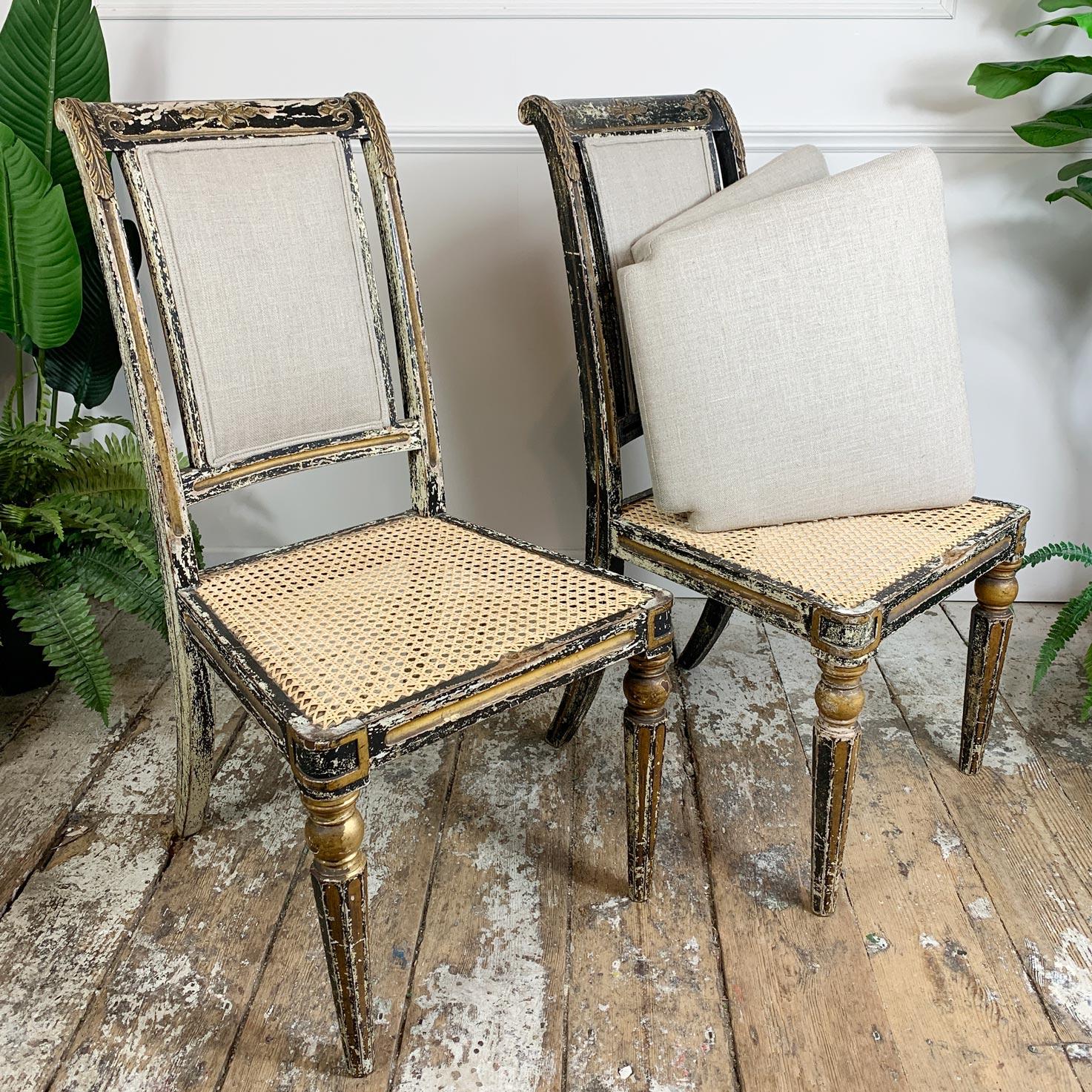 English Pair of Black & Gold Regency Caned Dining Chairs