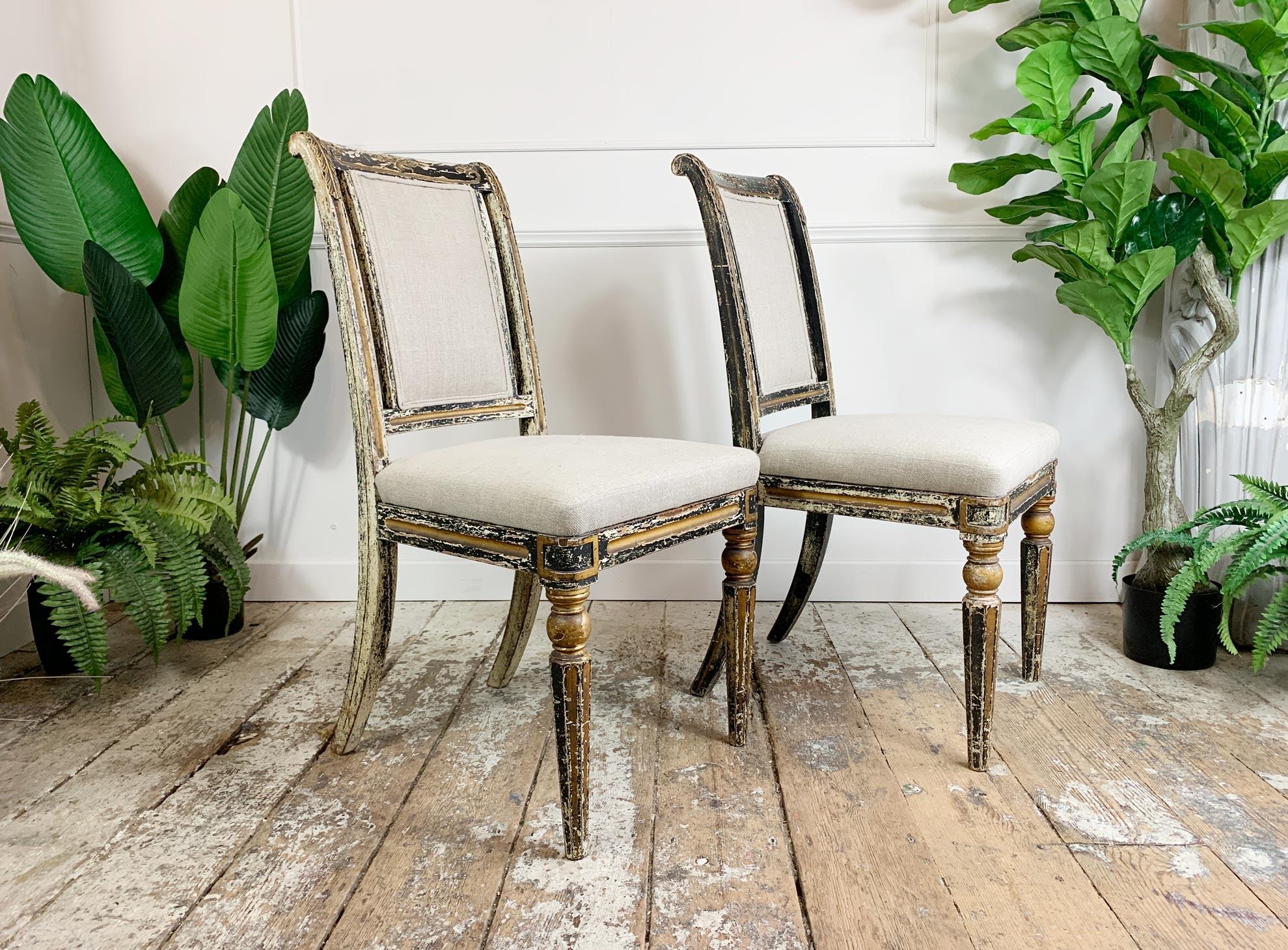 Pair of Black & Gold Regency Caned Dining Chairs In Good Condition In Hastings, GB