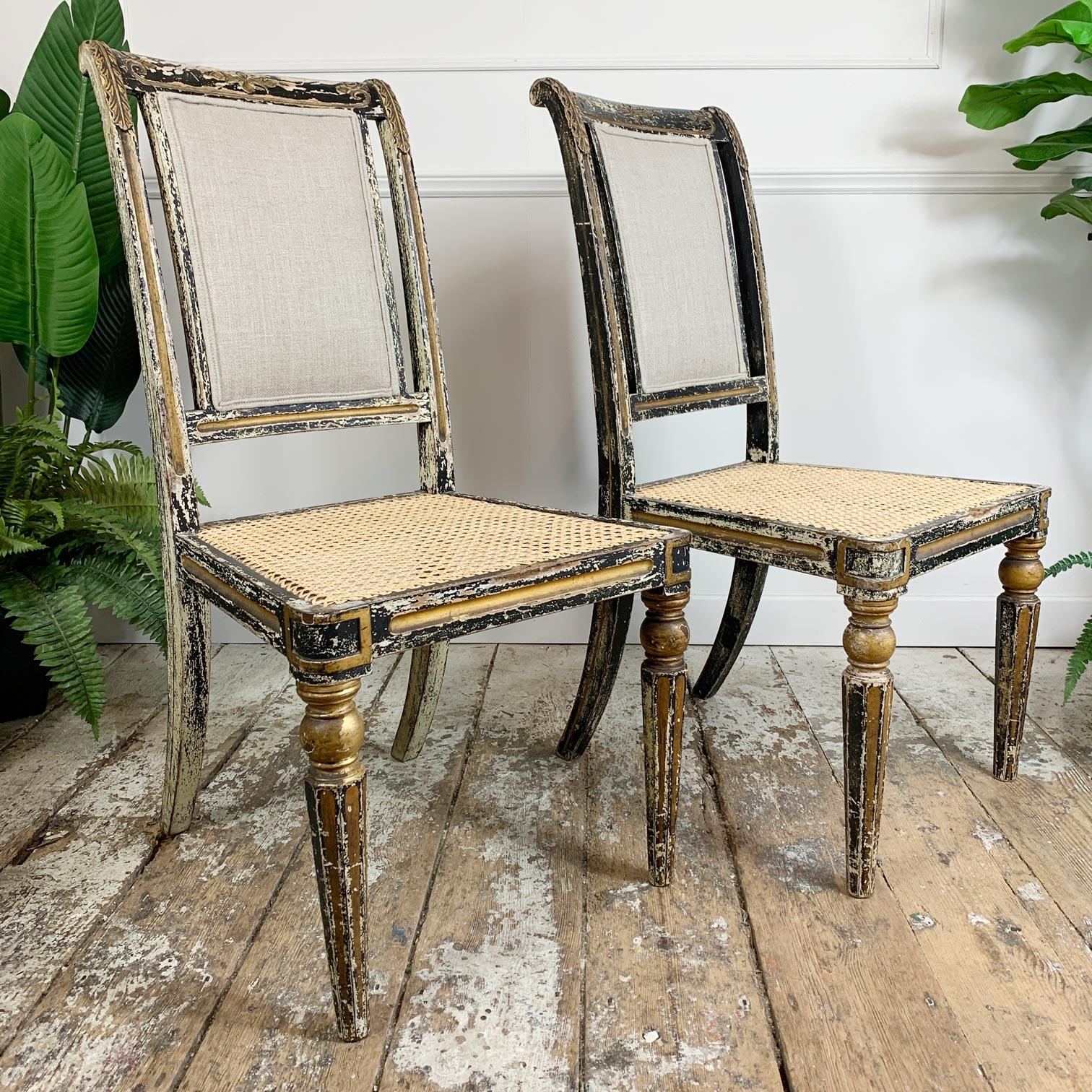 Pair of Black & Gold Regency Caned Dining Chairs 2