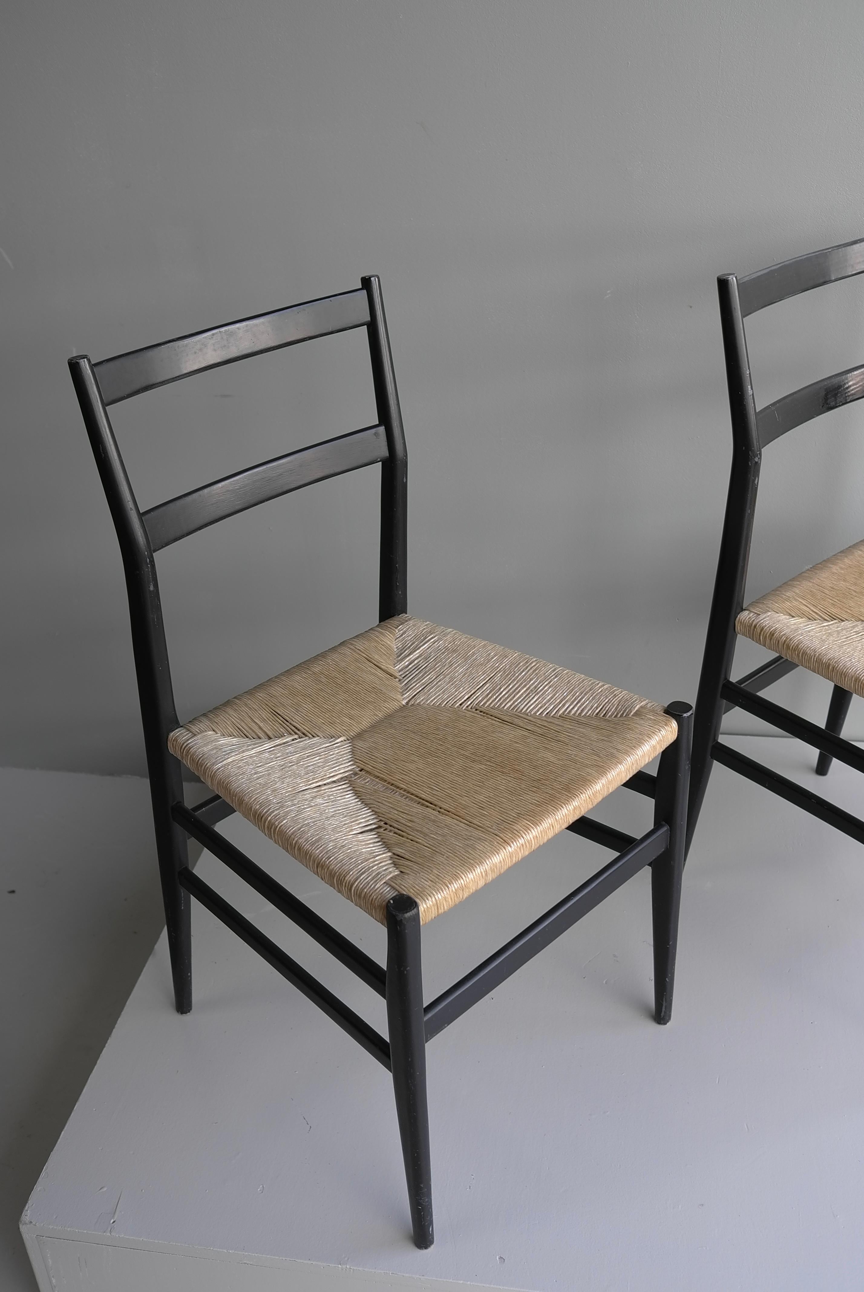 Pair of Black Gio Ponti Leggera Chairs with Cord Seat, Italy, 1951 For Sale 2